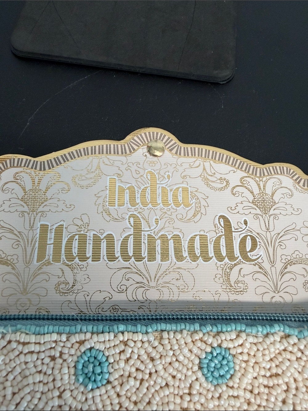India Handmade | Cream Beaded Wristlet/Wallet w/ Turquoise Polka Dots - Picture 2 of 9
